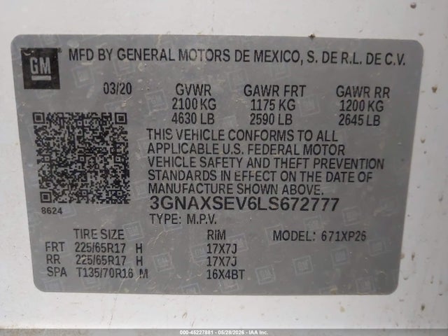 Aukcja sprzedaży 2020 Chevrolet Equinox Awd Ls, vin: 3GNAXSEV6LS672777, numer aukcji: 45227881