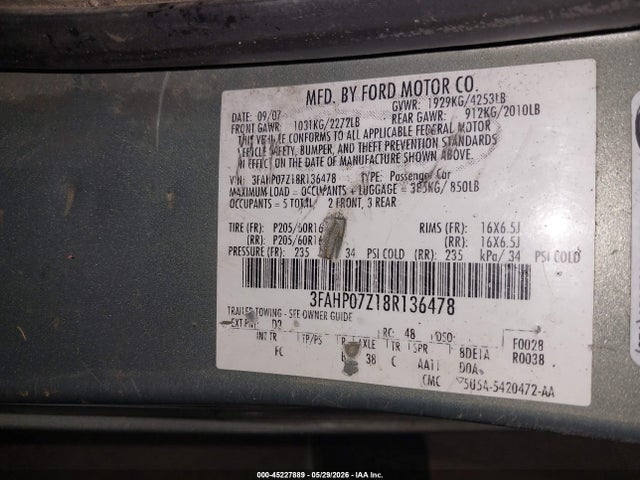 45227889 :رقم المزاد ، 3FAHP07Z18R136478 vin ، 2008 Ford Fusion Se مزاد بيع