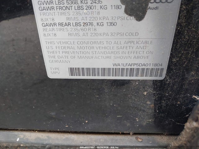 45227897 :رقم المزاد ، WA1LFAFP5DA011804 vin ، 2013 Audi Q5 2.0t Premium مزاد بيع
