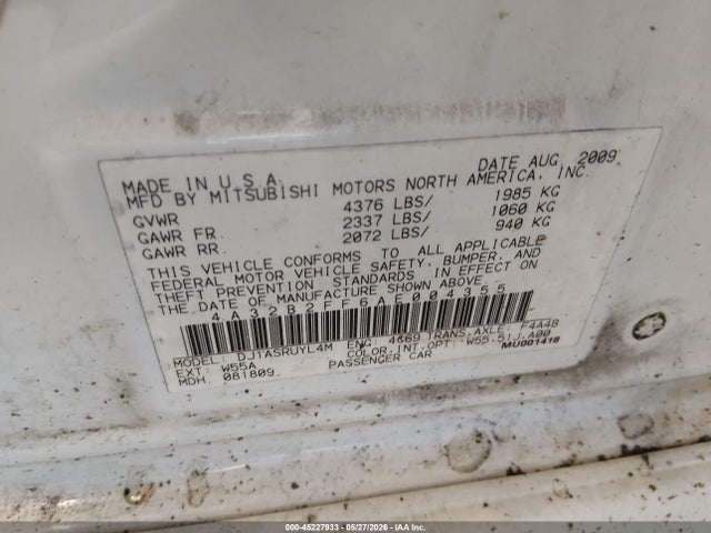 45227933 :رقم المزاد ، 4A32B2FF6AE004355 vin ، 2010 Mitsubishi Galant Fe مزاد بيع