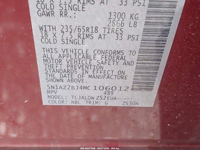 2021 Nissan Murano Sv Fwd მანქანა იყიდება აუქციონზე, vin: 5N1AZ2BJ4MC106012, აუქციონის ნომერი: 45227946