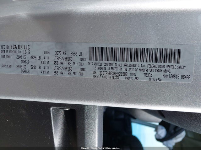 45227950 :رقم المزاد ، 3C6TRVBGXHE521988 vin ، 2017 Ram Promaster 1500 High Roof 136 Wb مزاد بيع
