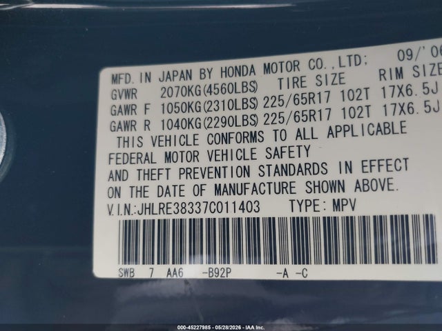 Продажа на аукционе авто 2007 Honda Cr-v Lx, vin: JHLRE38337C011403, номер лота: 45227985