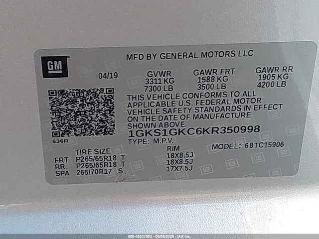 GMC Yukon Xl Slt 2019 1GKS1GKC6KR350998 Image 9