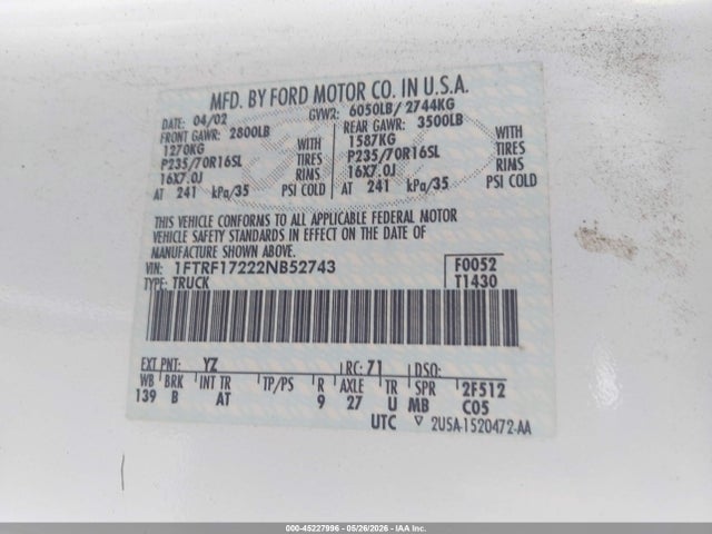 Aukcja sprzedaży 2002 Ford F-150 Xl/xlt, vin: 1FTRF17222NB52743, numer aukcji: 45227996