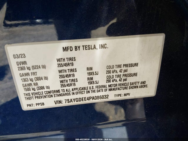 45228030 :رقم المزاد ، 7SAYGDEE4PA086032 vin ، 2023 Tesla Model Y Awd/long Range Dual Motor All-wheel Drive مزاد بيع