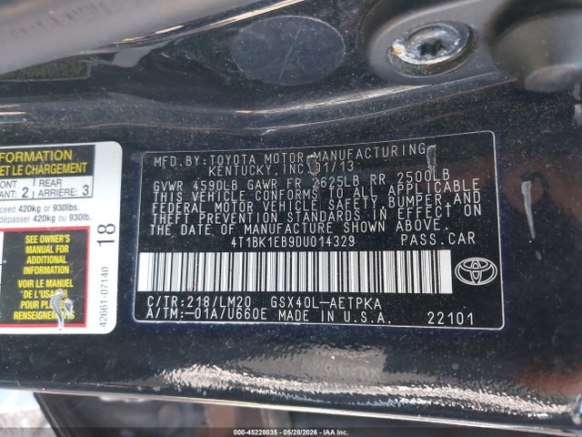 2013 Toyota Avalon Limited მანქანა იყიდება აუქციონზე, vin: 4T1BK1EB9DU014329, აუქციონის ნომერი: 45228035