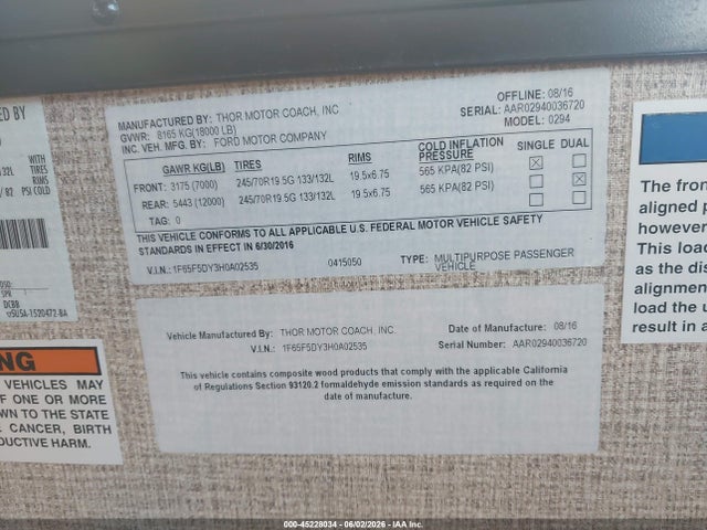 Продаж на аукціоні авто 2017 Ford F53, vin: 1F65F5DY3H0A02535, номер лоту: 45228034