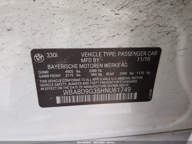 2017 Bmw 330i Xdrive მანქანა იყიდება აუქციონზე, vin: WBA8D9G35HNU61749, აუქციონის ნომერი: 45228037
