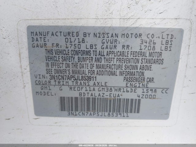 Aukcja sprzedaży 2018 Nissan Versa 1.6 S+, vin: 3N1CN7AP5JL853911, numer aukcji: 45228038