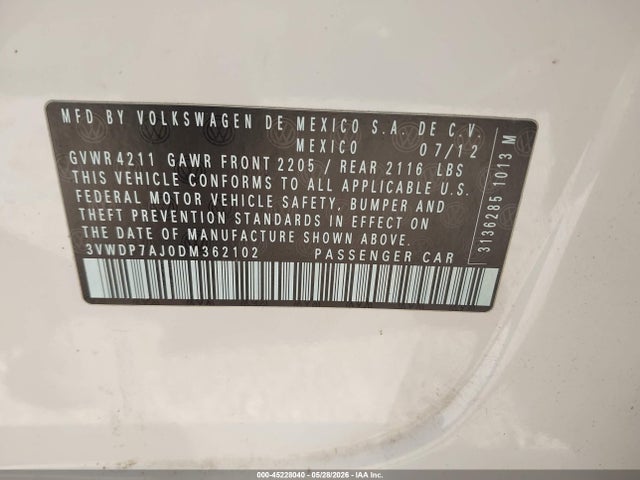 Aukcja sprzedaży 2013 Volkswagen Jetta 2.5l Se, vin: 3VWDP7AJ0DM362102, numer aukcji: 45228040