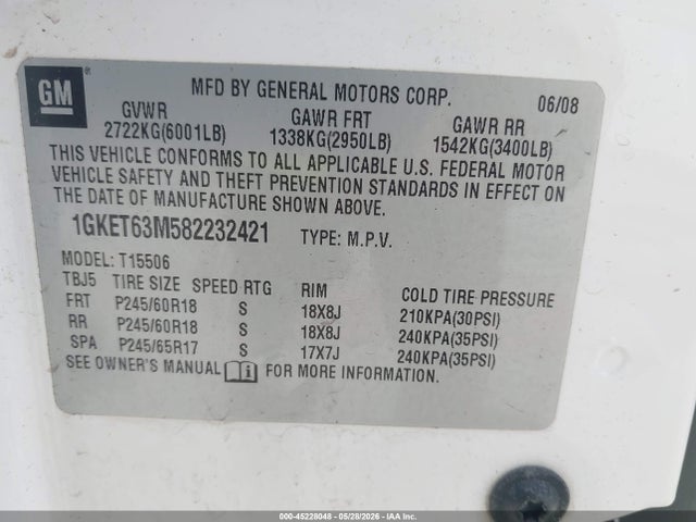 Aukcja sprzedaży 2008 Gmc Envoy Denali, vin: 1GKET63M582232421, numer aukcji: 45228048