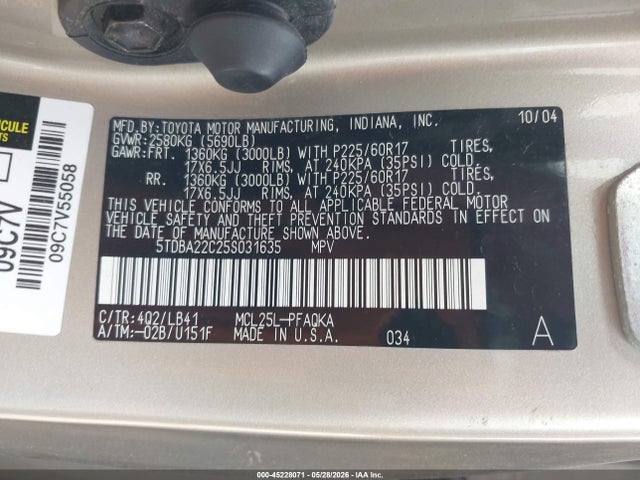 Aukcja sprzedaży 2005 Toyota Sienna Xle Limited, vin: 5TDBA22C25S031635, numer aukcji: 45228071