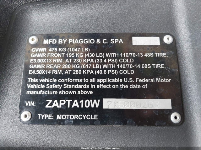Aukcja sprzedaży 2019 Piaggio Mp3 500, vin: ZAPTA10W7K5000263, numer aukcji: 45228073