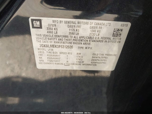 2015 Gmc Terrain Sle-1 მანქანა იყიდება აუქციონზე, vin: 2GKALMEK3F6312606, აუქციონის ნომერი: 45228075
