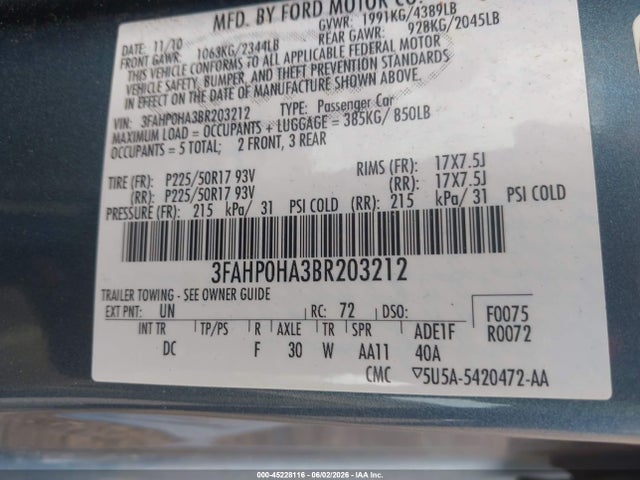 45228116 :رقم المزاد ، 3FAHP0HA3BR203212 vin ، 2011 Ford Fusion Se مزاد بيع