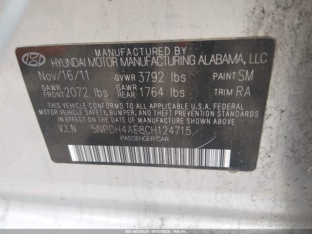 2012 Hyundai Elantra Gls მანქანა იყიდება აუქციონზე, vin: 5NPDH4AE8CH124715, აუქციონის ნომერი: 45228130