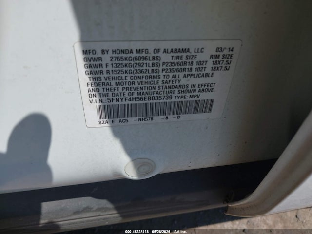 5FNYF4H56EB035739 Honda Pilot Ex-l