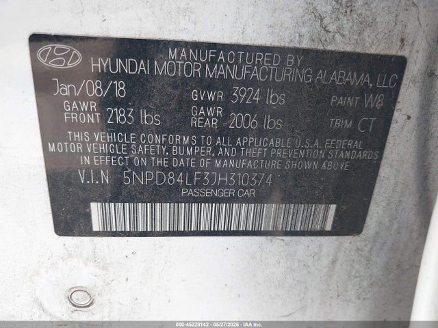 5NPD84LF3JH310374 Hyundai ELANTRA SEL