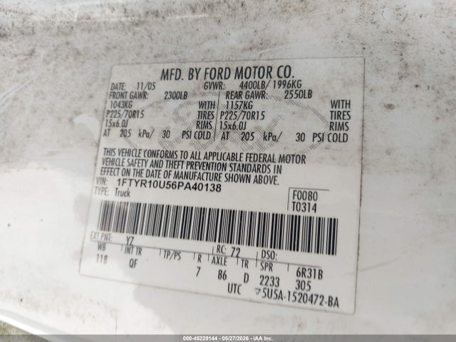 Продаж на аукціоні авто 2006 Ford Ranger Sport/stx/xl/xlt, vin: 1FTYR10U56PA40138, номер лоту: 45228144