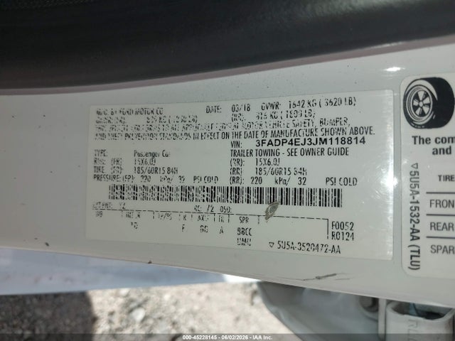 Aukcja sprzedaży 2018 Ford Fiesta Se, vin: 3FADP4EJ3JM118814, numer aukcji: 45228145