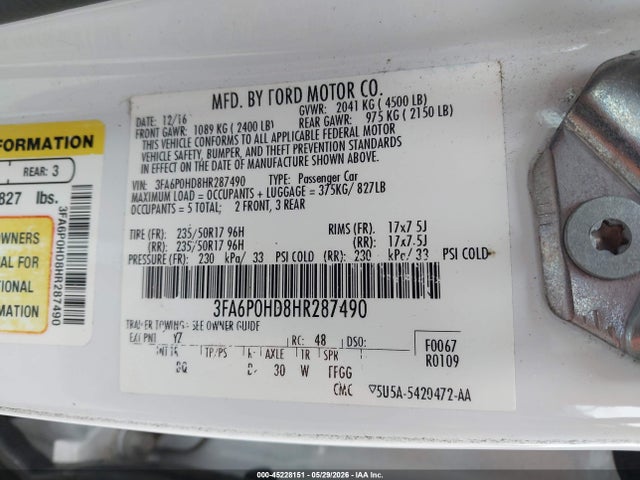 Ford FUSION SE 2017 3FA6P0HD8HR287490 Image 9