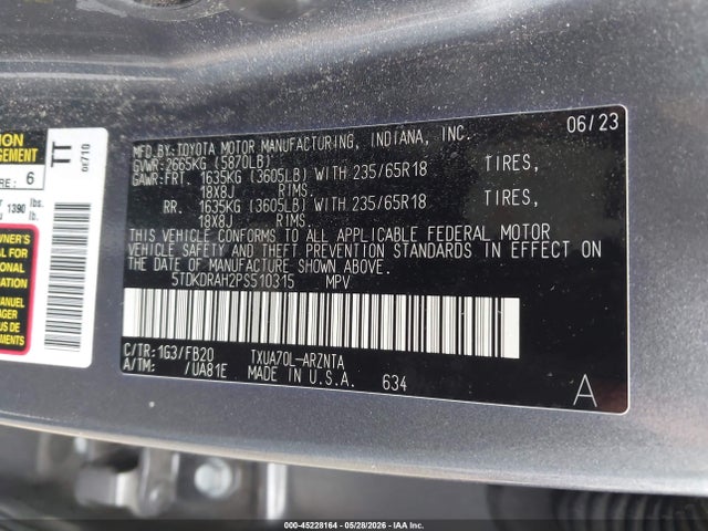 Aukcja sprzedaży 2023 Toyota Highlander Le, vin: 5TDKDRAH2PS510315, numer aukcji: 45228164