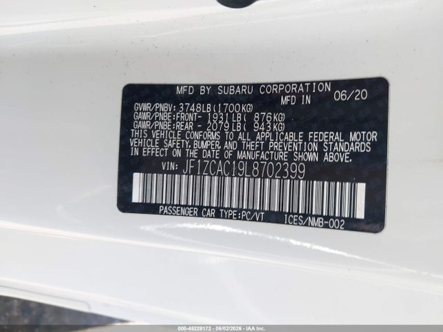 45228172 :رقم المزاد ، JF1ZCAC19L8702399 vin ، 2020 Subaru Brz Limited مزاد بيع