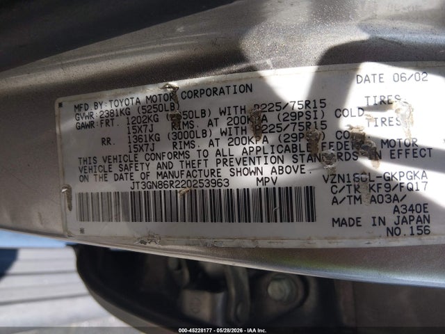 Aukcja sprzedaży 2002 Toyota 4runner Sr5 V6, vin: JT3GN86R220253963, numer aukcji: 45228177