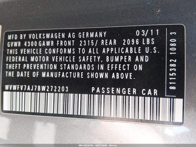 45228184 :رقم المزاد ، WVWFV7AJ7BW272203 vin ، 2011 Volkswagen Gti 2-door مزاد بيع