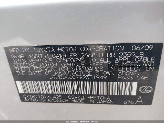 Продажа на аукционе авто 2009 Lexus Es 350, vin: JTHBJ46G792331949, номер лота: 45228190