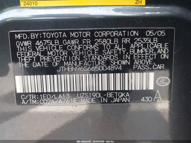 Aukcja sprzedaży 2006 Lexus Gs 430, vin: JTHBN96S665004894, numer aukcji: 45228191