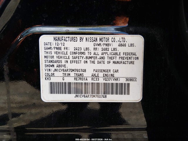 45228194 :رقم المزاد ، JN1CV6AR7DM760748 vin ، 2013 Infiniti G37x مزاد بيع