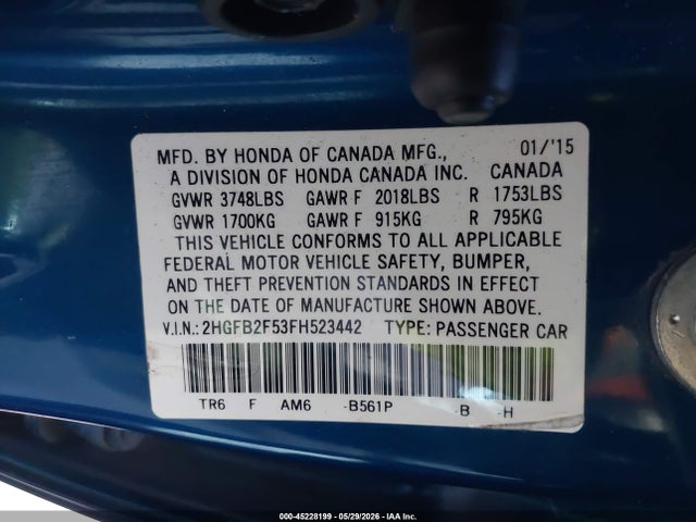 Aukcja sprzedaży 2015 Honda Civic Lx, vin: 2HGFB2F53FH523442, numer aukcji: 45228199
