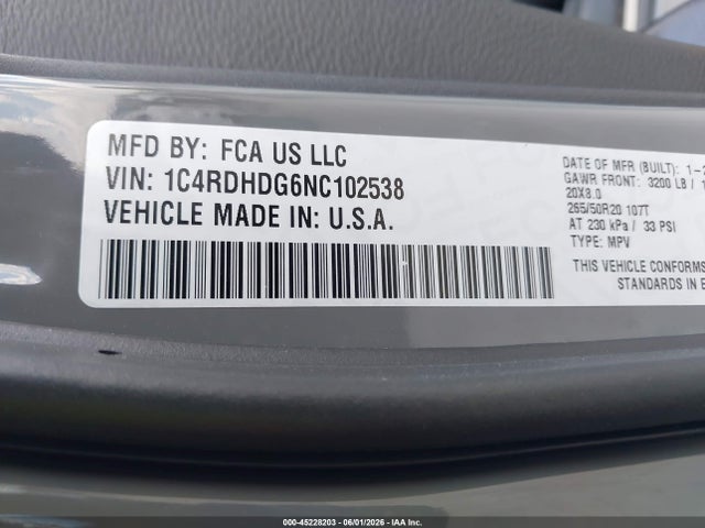 Продаж на аукціоні авто 2022 Dodge Durango Gt Plus Rwd, vin: 1C4RDHDG6NC102538, номер лоту: 45228203
