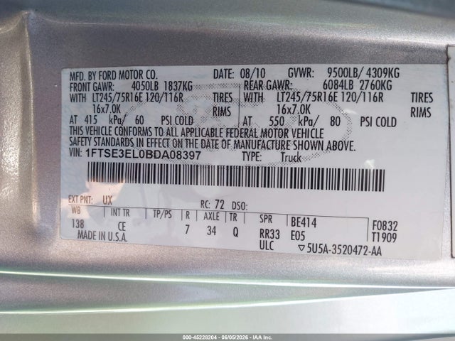 Aukcja sprzedaży 2011 Ford E-350 Super Duty Commercial, vin: 1FTSE3EL0BDA08397, numer aukcji: 45228204
