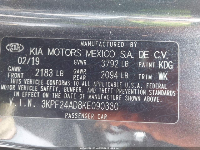 Auction sale of the 2019 Kia Forte Lxs, vin: 3KPF24AD8KE090330, lot number: 45228205