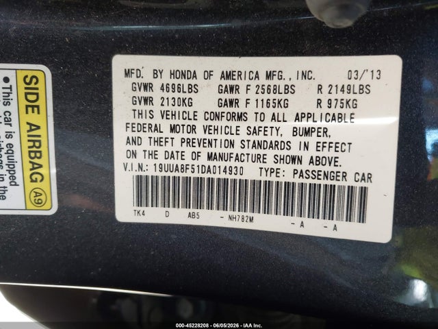 2013 Acura Tl 3.5 მანქანა იყიდება აუქციონზე, vin: 19UUA8F51DA014930, აუქციონის ნომერი: 45228208