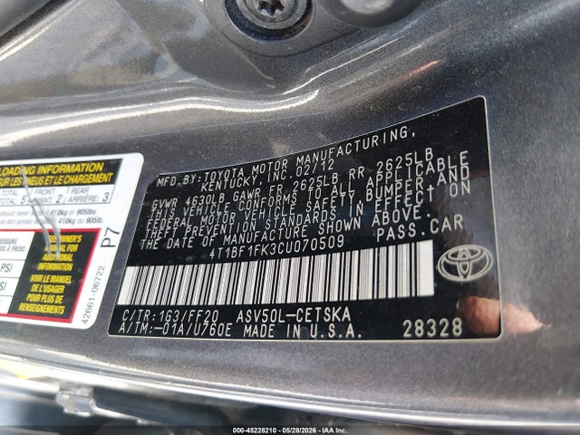 2012 Toyota Camry Se მანქანა იყიდება აუქციონზე, vin: 4T1BF1FK3CU070509, აუქციონის ნომერი: 45228210