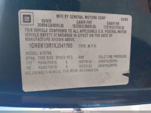 Продаж на аукціоні авто 1999 Chevrolet Tahoe Ls, vin: 1GNEK13R1XJ341760, номер лоту: 45228224