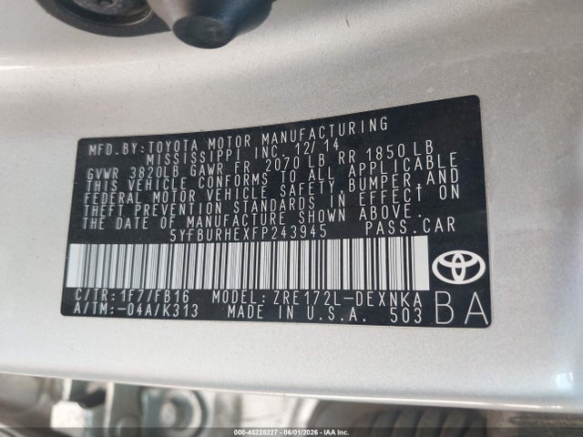 Aukcja sprzedaży 2015 Toyota Corolla Le, vin: 5YFBURHEXFP243945, numer aukcji: 45228227