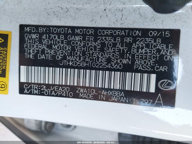 Aukcja sprzedaży 2016 Lexus Ct 200h, vin: JTHKD5BH1G2254360, numer aukcji: 45228235