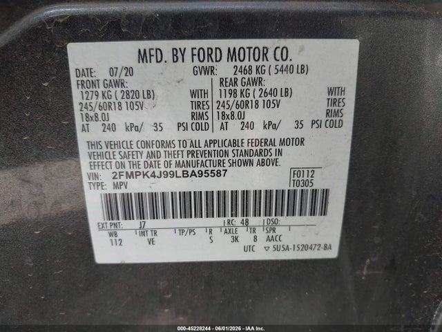 Продаж на аукціоні авто 2020 Ford Edge Sel, vin: 2FMPK4J99LBA95587, номер лоту: 45228244