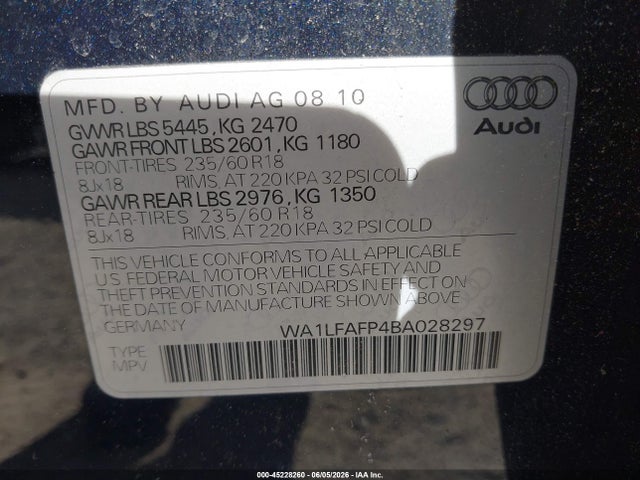 45228260 :رقم المزاد ، WA1LFAFP4BA028297 vin ، 2011 Audi Q5 2.0t Premium مزاد بيع