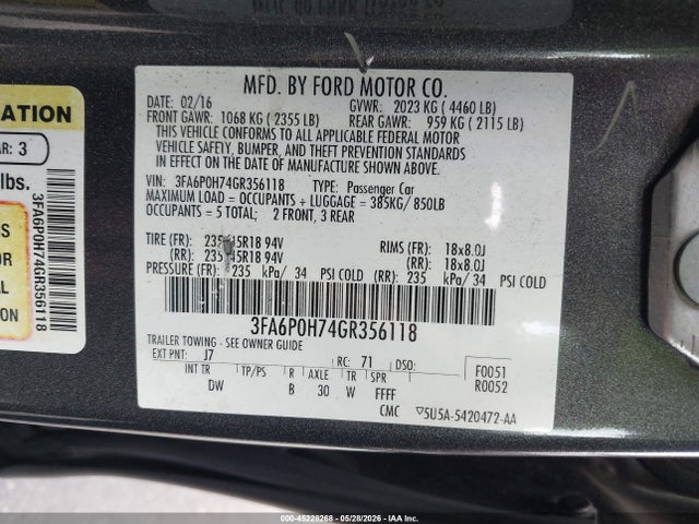 Ford FUSION SE 2016 3FA6P0H74GR356118 Image 9
