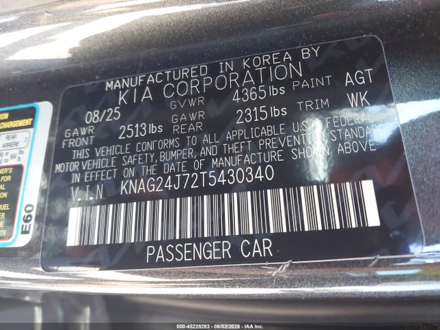 Aukcja sprzedaży 2026 Kia K5 Lxs Fwd, vin: KNAG24J72T5430340, numer aukcji: 45228283
