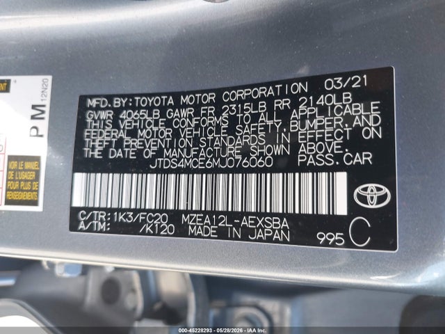 Aukcja sprzedaży 2021 Toyota Corolla Se, vin: JTDS4MCE6MJ076060, numer aukcji: 45228293