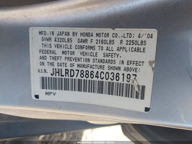 45228300 :رقم المزاد ، JHLRD78864C036197 vin ، 2004 Honda Cr-v Ex مزاد بيع