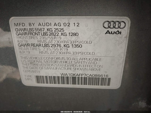 Auction sale of the 2012 Audi Q5 3.2 Premium Plus, vin: WA1DKAFP7CA086616, lot number: 45228316