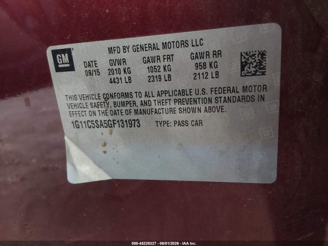 45228327 :رقم المزاد ، 1G11C5SA5GF131973 vin ، 2016 Chevrolet Malibu Limited Lt مزاد بيع